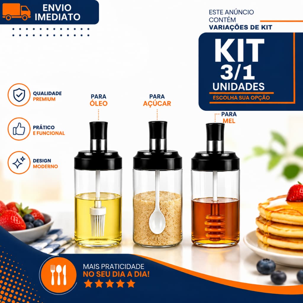 Porta Mel Açúcar e Óleo com Pincel 1/3 Silicone Colher Dosadora Dispenser Organizador Cozinha