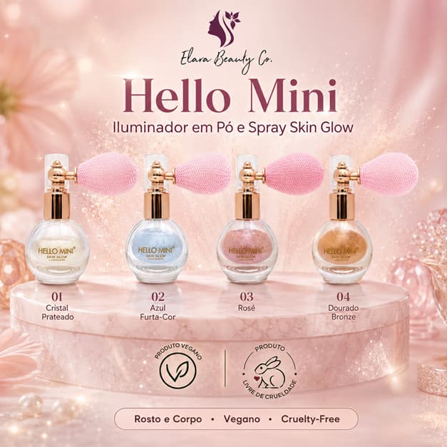 Iluminador em Pó e Spray Hello Mini Skin Glow Vegano Corpo Rosto Bombinha Glow Brilho