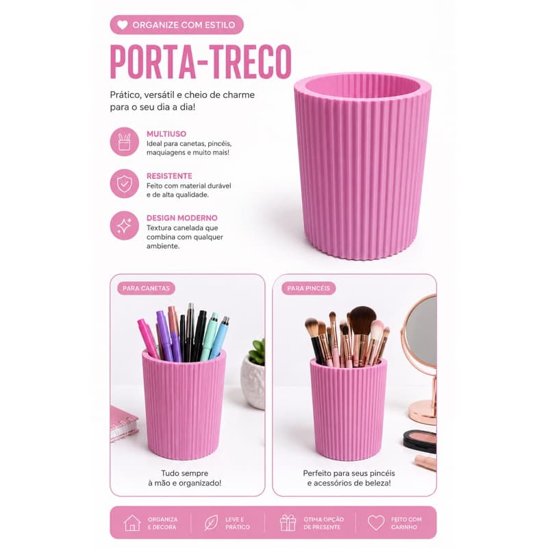 Porta Canetas e Organizador Multiuso Decorativo em 3D Rosa | Porta Pincéis, Maquiagem e Escritório | outras cores