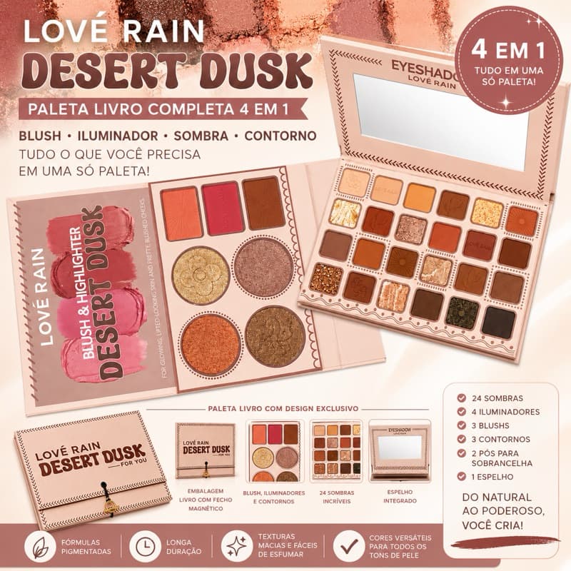 Paleta de Maquiagem Lové Rain Desert Dusk 4 em 1 | 24 Sombras + Blush + Iluminador + Contorno | Com Espelho