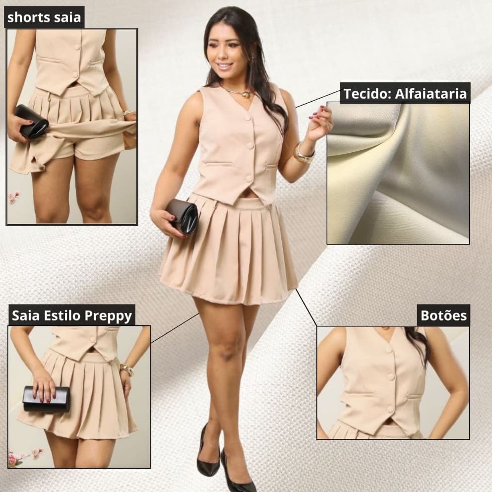 Conjunto Colete Feminino e Shorts Saia Plissado em Alfaiataria Elegante