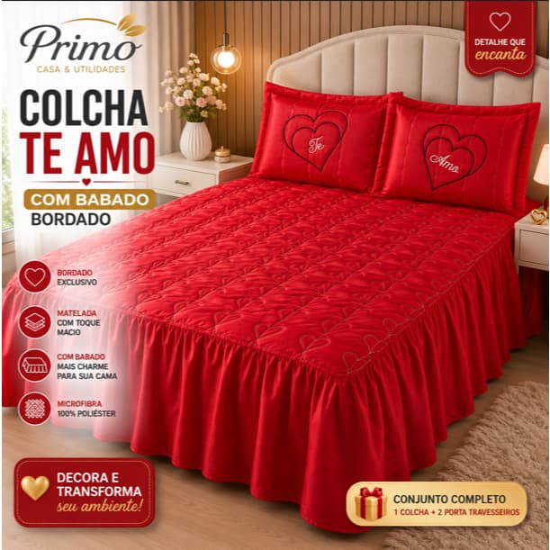 Colcha Casal Matelada Bordada com Babado Jogo de Cama 3 Peças Coração Te Amo Macia Decorativa