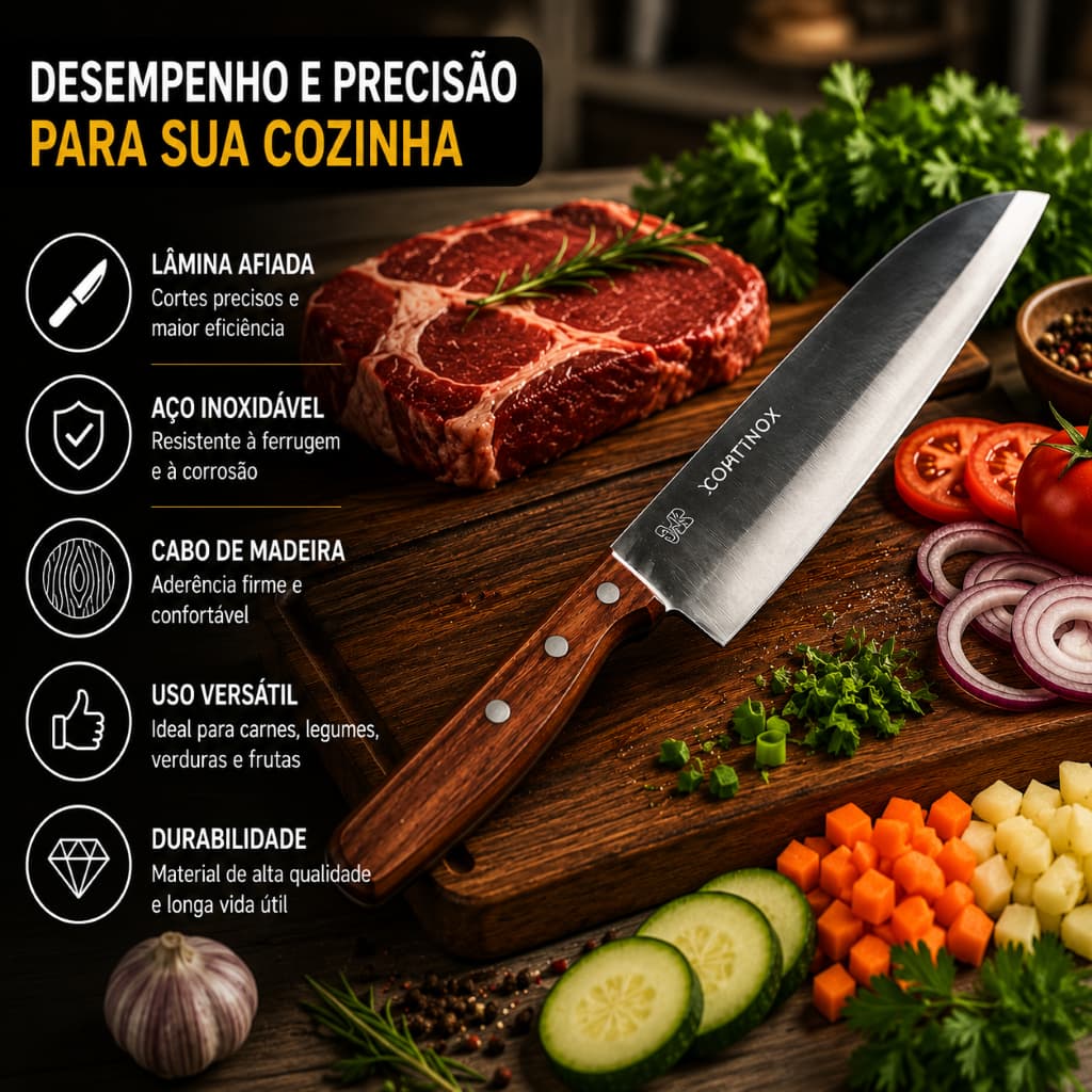 Faca Profissional Chef 29cm Cabo Madeira Corte Preciso Cozinha Gourmet