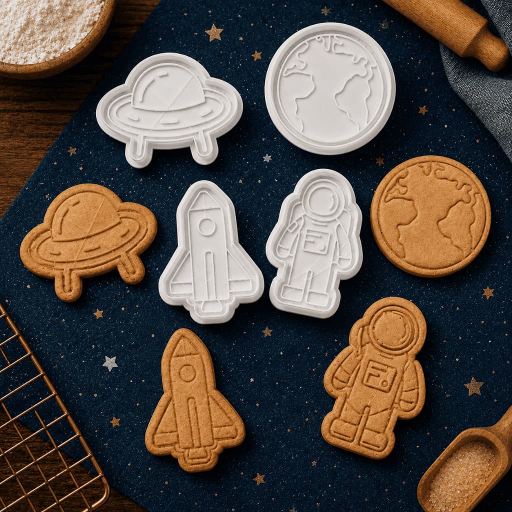 Kit 4 Cortadores e Carimbos para Biscoito Espaço Astronauta Foguete Planeta Disco Voador Confeitaria Infantil