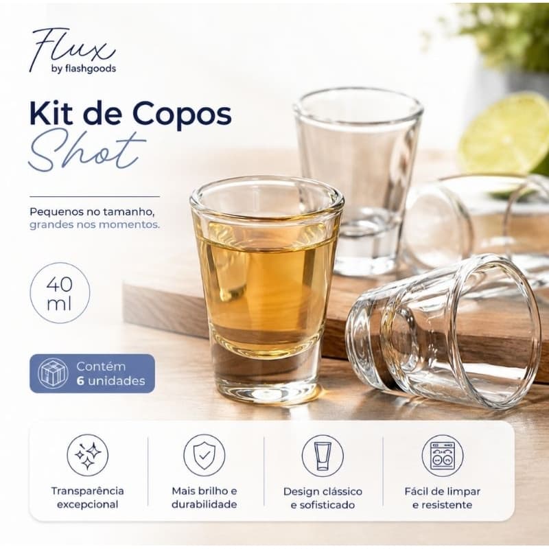 Kit 6 Copos Shot de Vidro 40ml | Resistentes, Elegantes e Duráveis Bar Cozinha Restaurante