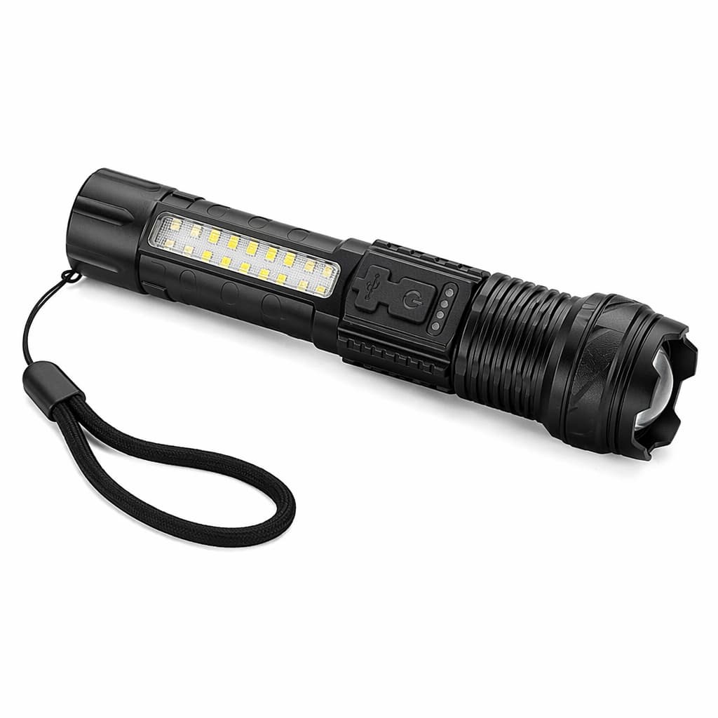 Lanterna LED Recarregável USB com Luz Lateral COB 7 Modos Alta Potência para Camping Emergência e Uso Diário