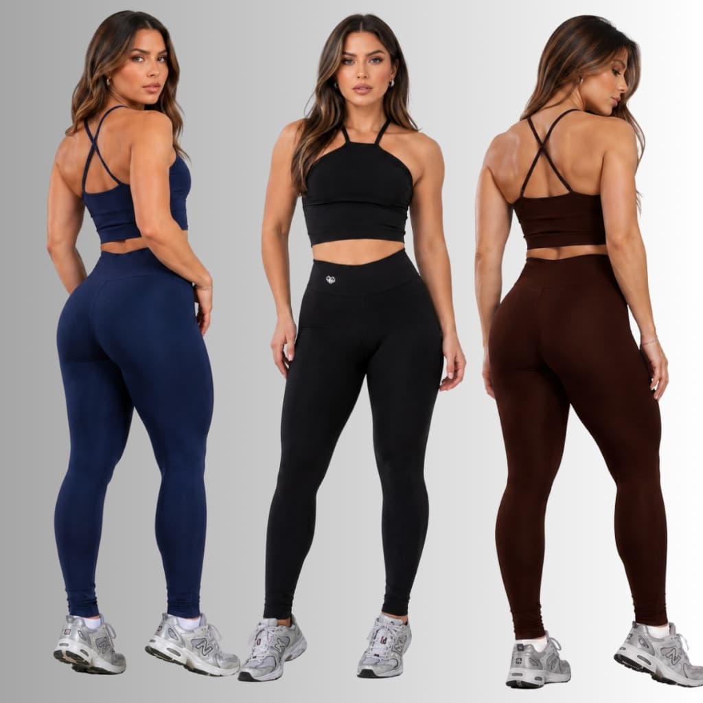 Conjunto Fitness Calça Legging Cintura Alta e Cropped Alças Cruzadas Roupa de Academia