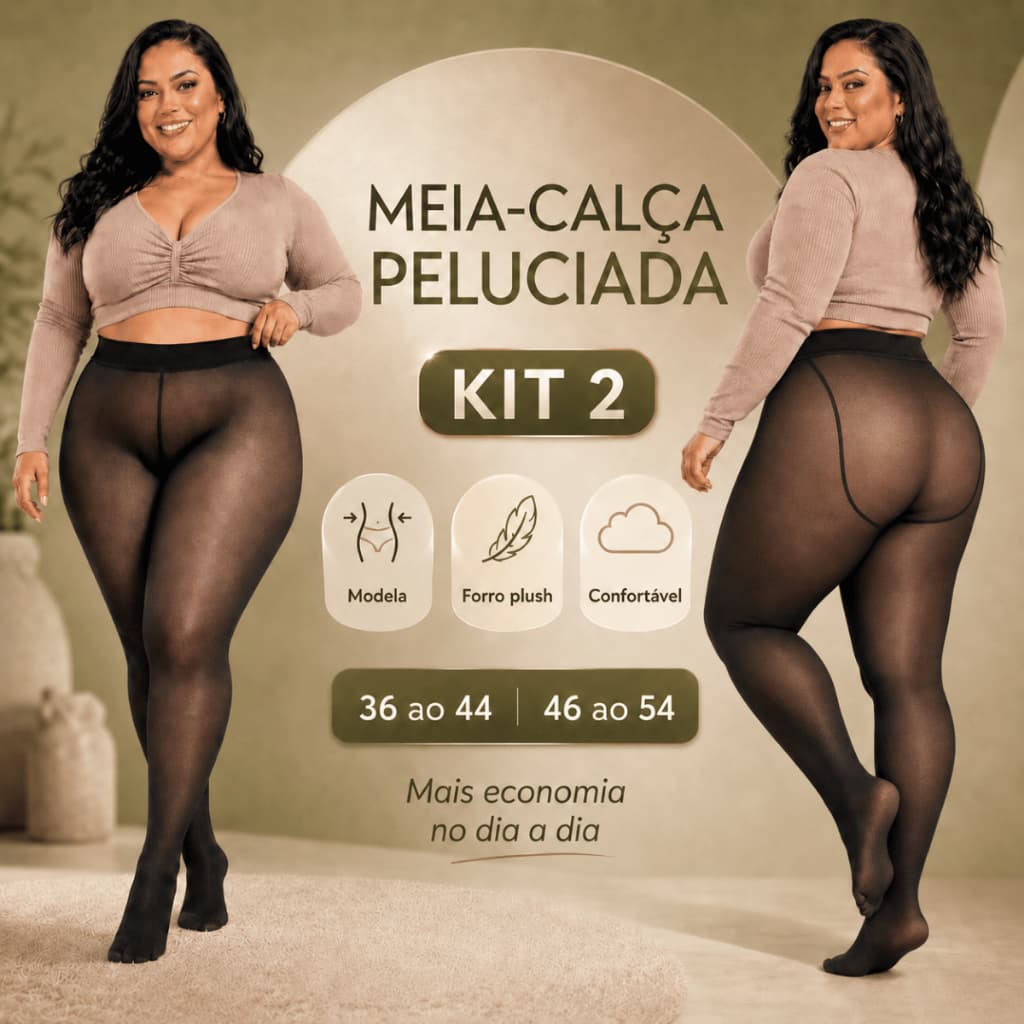KIT 2 Meia Calça Plus Size Peluciada Térmica Translúcida Frio Modeladora Empina Bumbum Quente Linda