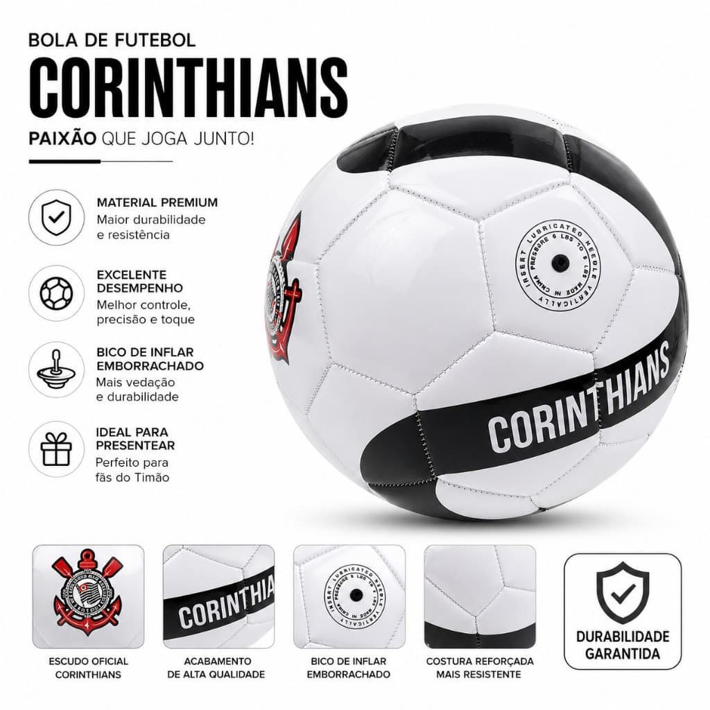 Bola de Futebol Corinthians Oficial Branca e Preta – Material Premium Alta Durabilidade Costura Reforçada Bico Emborrach