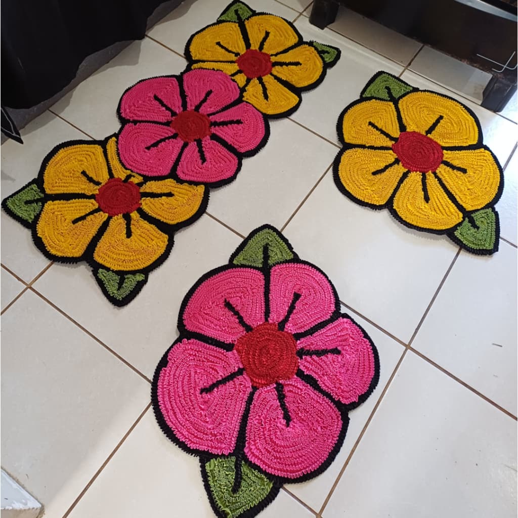 Conjunto de tapetes de cozinha flores frufru (amarelo e rosa) decoração artesanato
