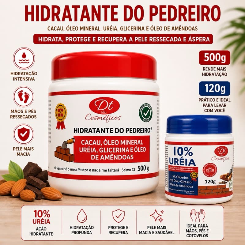 Creme Hidratante do Pedreiro Ureia 500g Ação Reparadora — Amêndoas e Cacau para Pés, Mãos Ásperas e Calcanhar