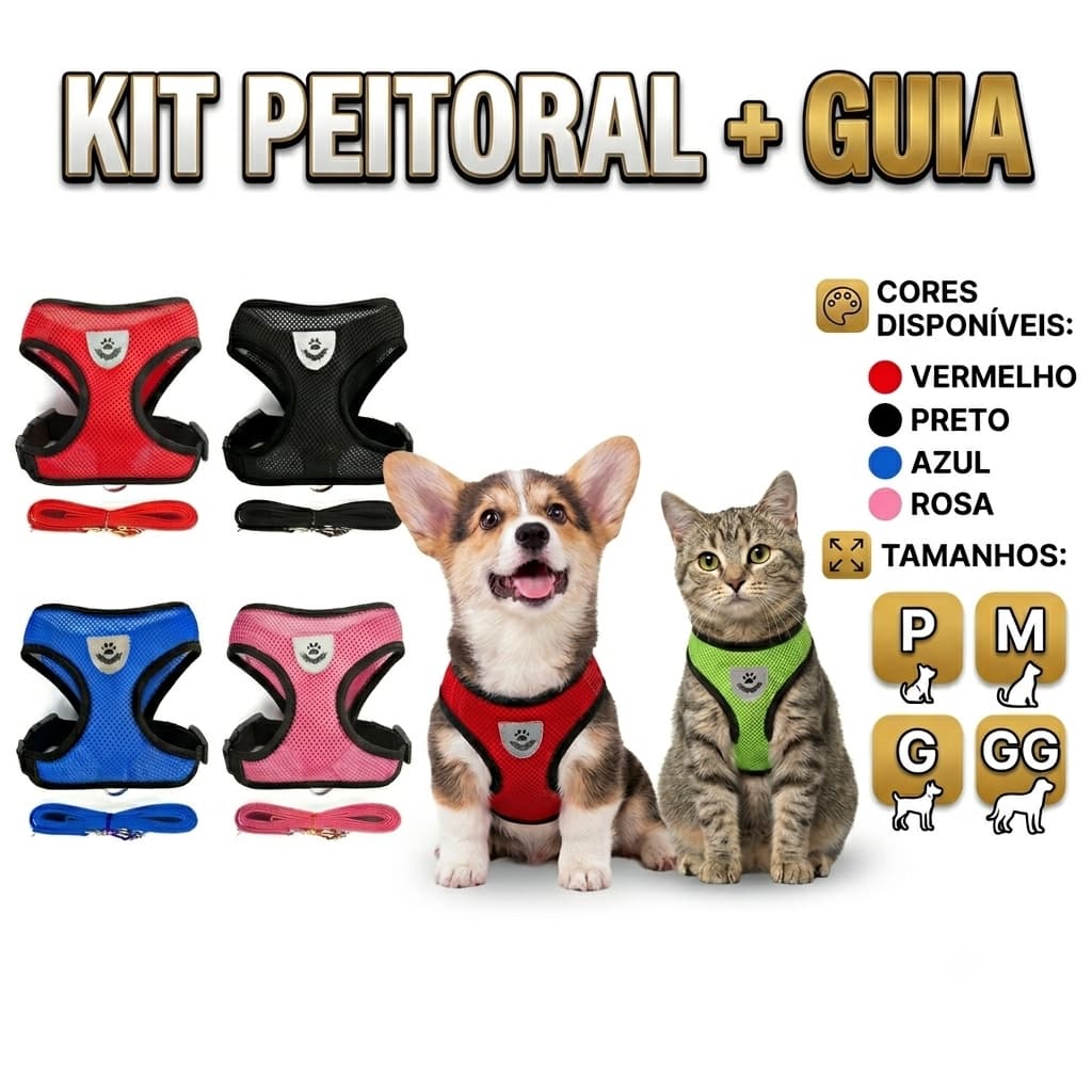 Coleira Colete Pet Peitoral Respirável Com Guia Ajustável Para Cães E Gatos