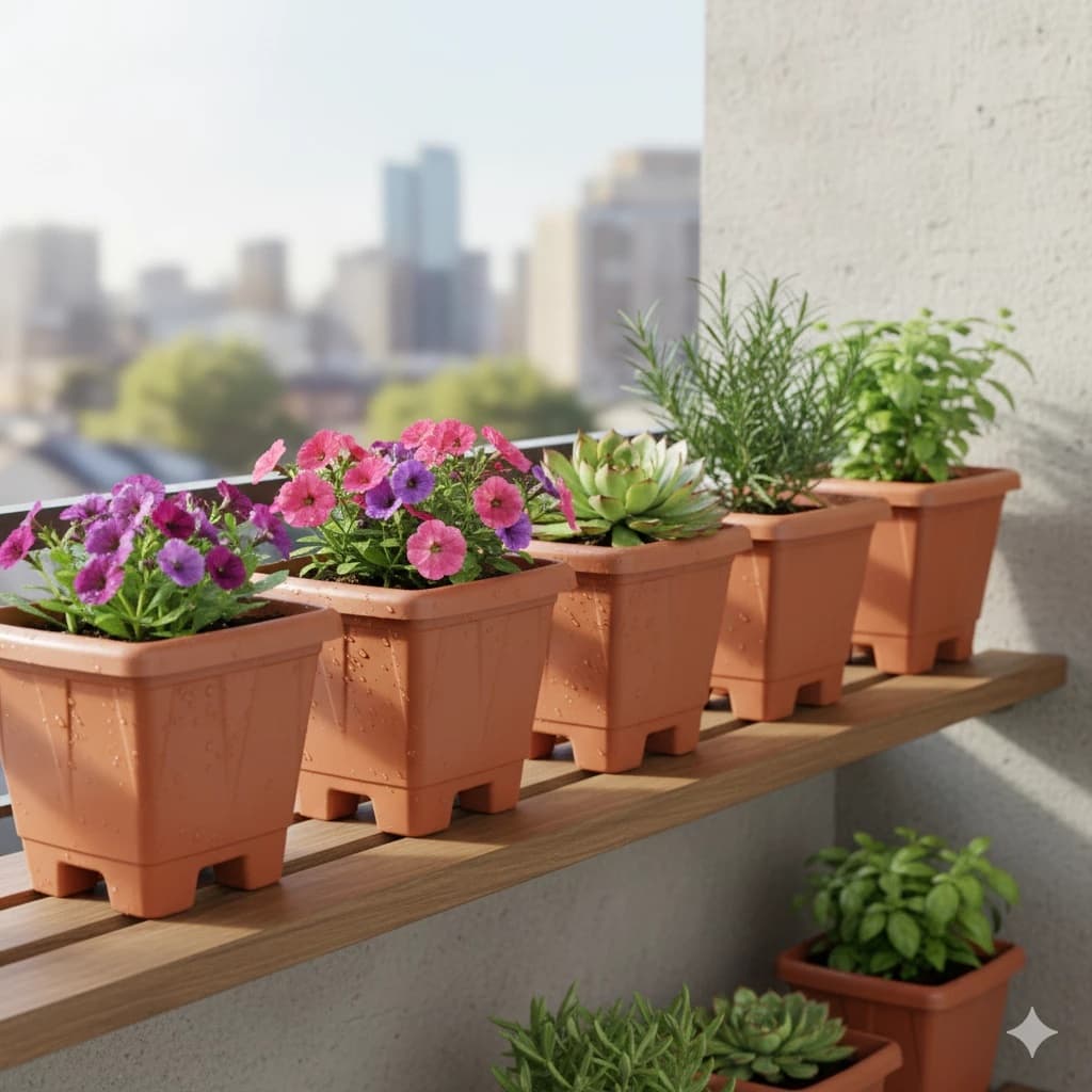 Conjunto com 5 e 10 Vasos Quadrado 2,5 litros Preto e Terracota Plástico para Plantas e Jardim