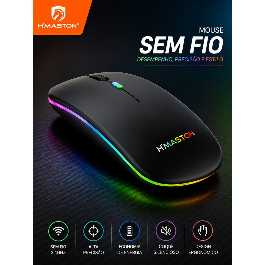 Mouse Sem Fi Recarregável Wireless Bluetooth H'maston Ergonômico E Silencioso