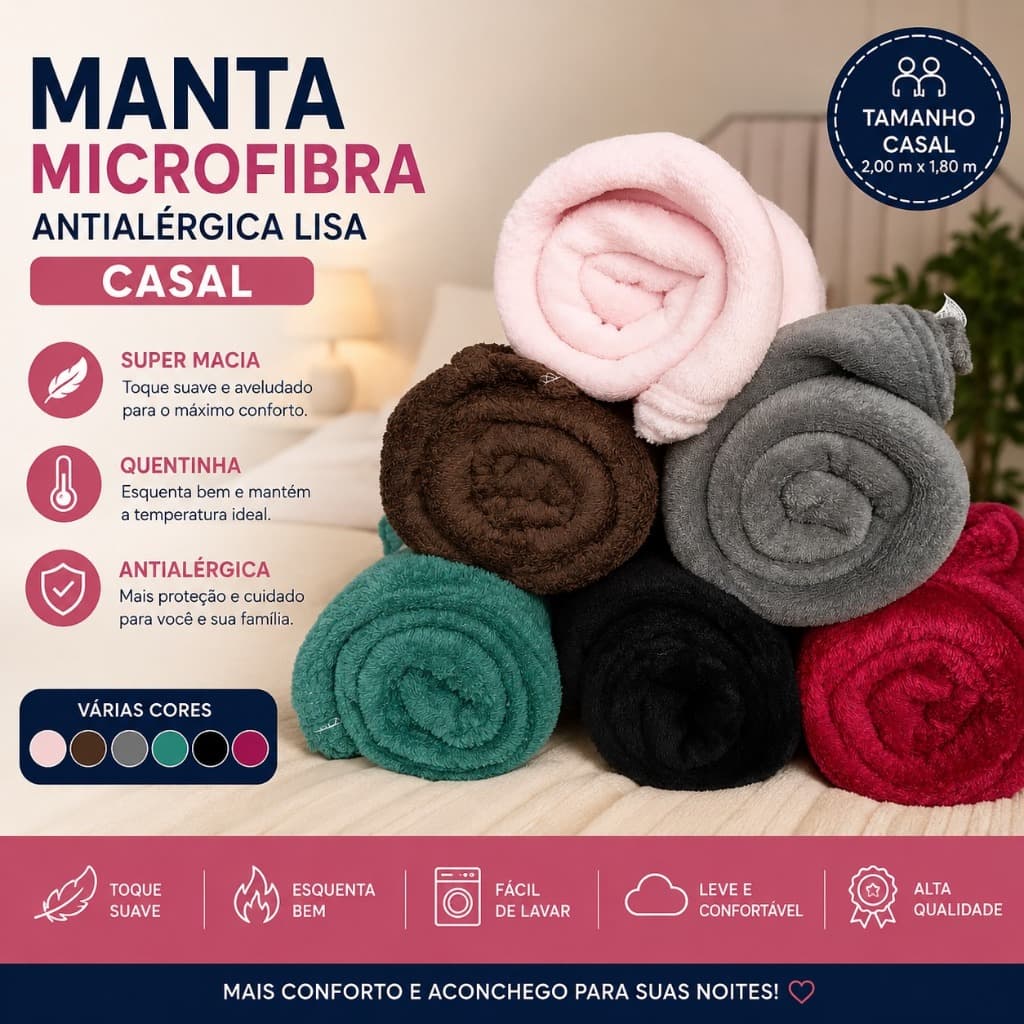 Cobertor Manta Microfibra Casal Antialérgica 2x1,80m Super Macia Quente