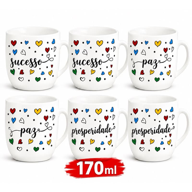 Jogo Xicara 2/6  Canecas Decoradas Sucesso Paz Prosperidade 170ml Cerâmica Presente Premium