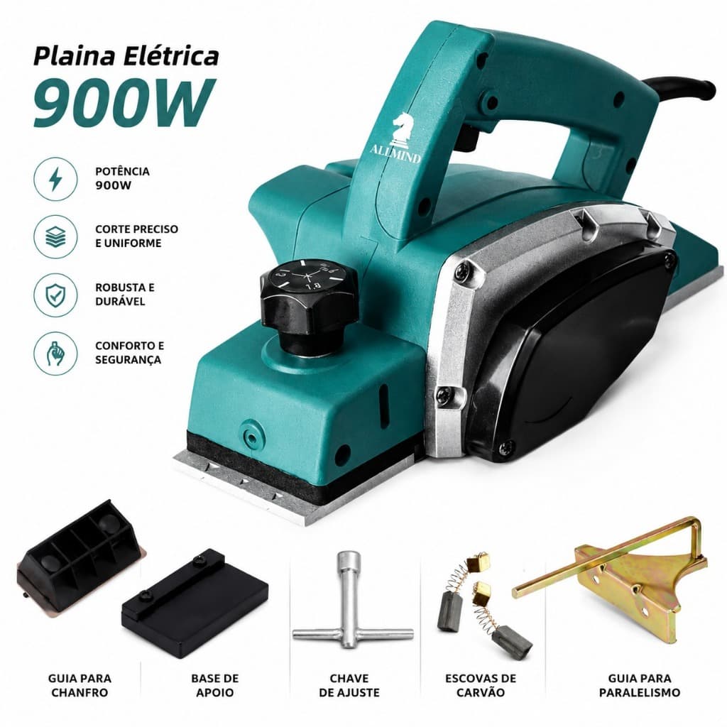 Plaina Elétrica Profissional 900W Desengrosso Nivelamento Acabamento Madeira Marcenaria