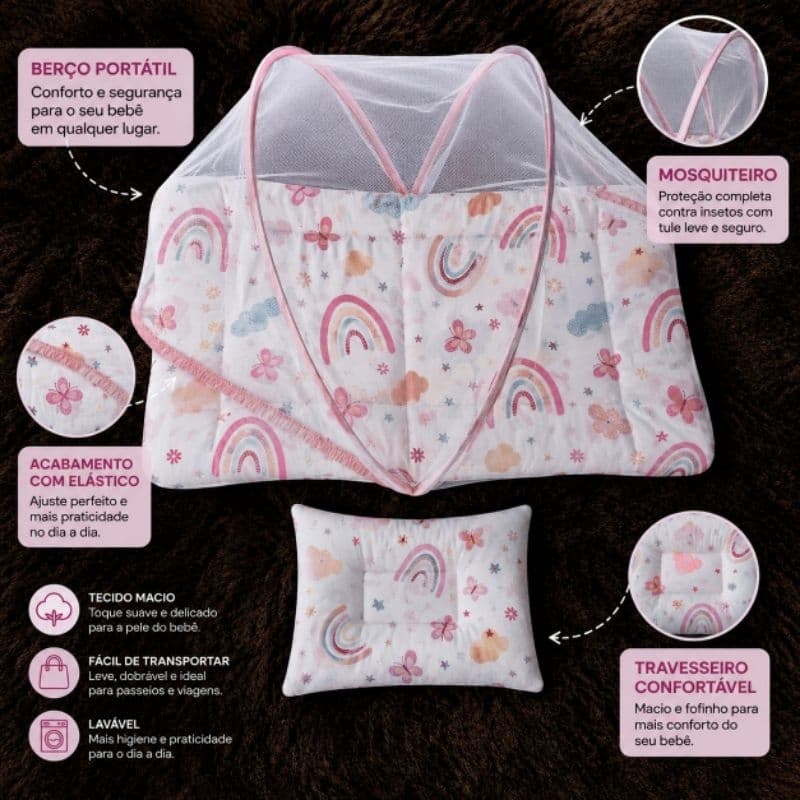 Kit Berço Portátil + Travesseiro Anatômico bebê Enxoval
