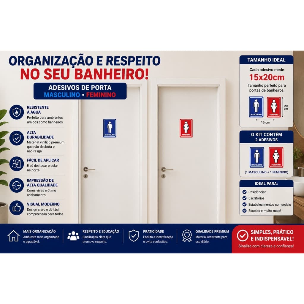 Kit 2 Adesivos de Sinalizacao Porta Banheiro Masculino Feminino WC Toalete Sanitario Identificacao