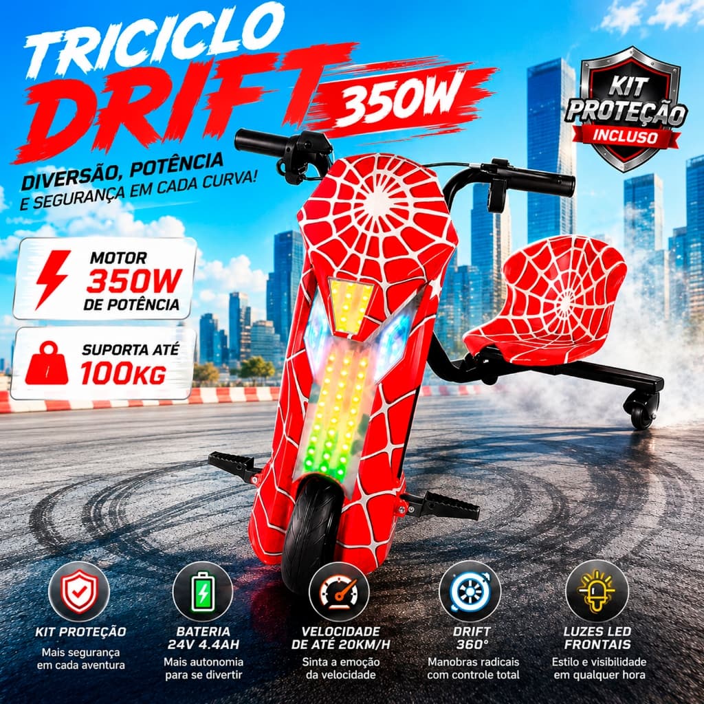 Triciclo Drift Elétrico 8"Polegadas 350W Infantil/Adultos Bluetooth LED Suporta 100kg + Kit Proteção