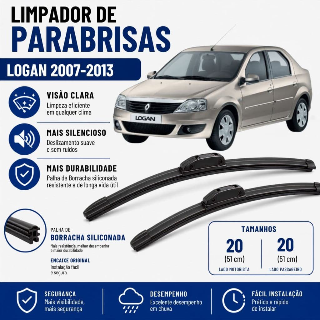 Par Palheta Limpador ParaBrisa Logan 2007 2008 2009 2010 2011 2012 2013 Silicone encaixe Gancho