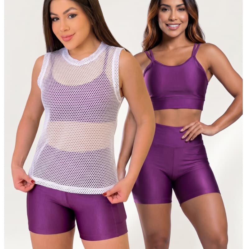 Kit 3 Peças Top Bojo + Short Zero Transparência + Regata Arrastão Telinha Poliamida