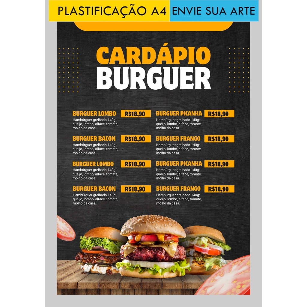 Cardápio Documento Plastificado | Tamanho A4 | Impressão em Alta Qualidade | Envie sua Arte
