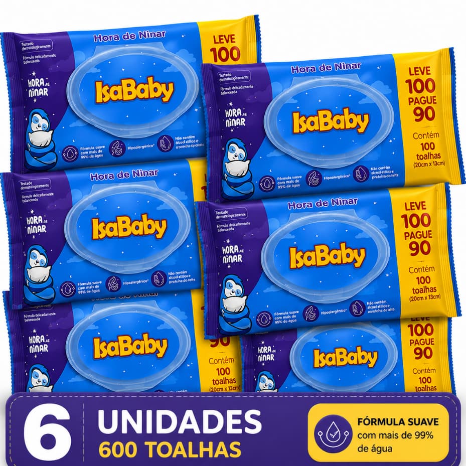 Toalha Umedecida IsaBaby Hora de Ninar lv 100 pg 90  Flip Top Hipoalérgica Sem Álcool