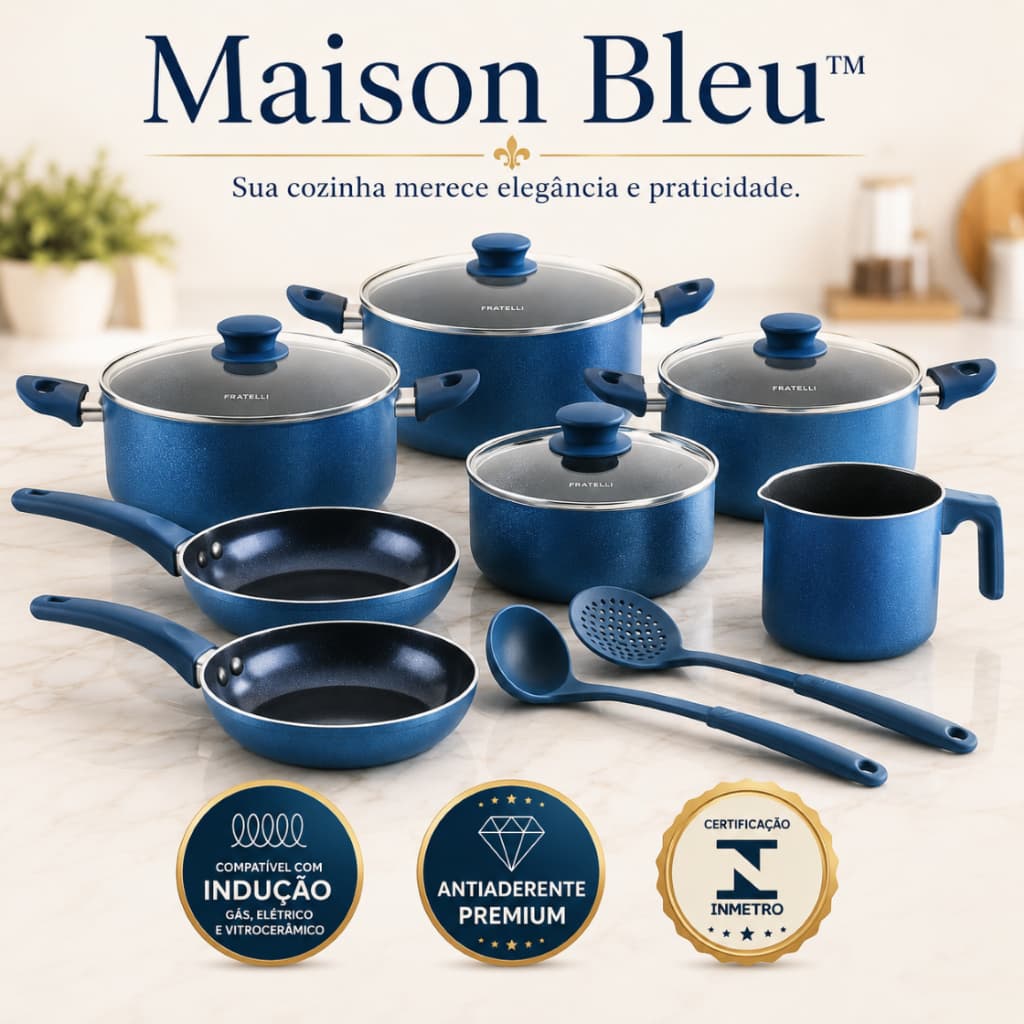 Jogo de Panelas Antiaderente Cerâmica 9 Peças Indução Gás Elétrico Azul - Maison Bleu