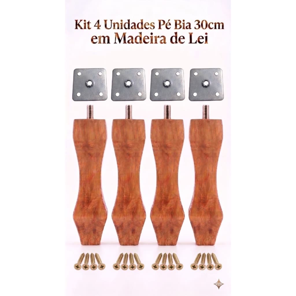 Pés Bia Madeira Maciça 30cm Kit Com 4 Pés Chapinhas E Parafusos