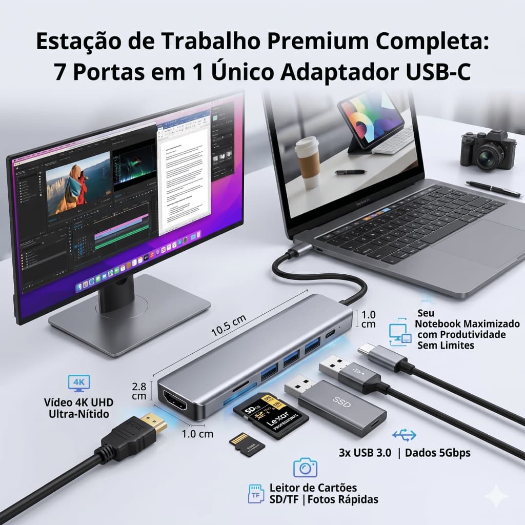 Hub Adaptador USB-C 7 em 1 – HDMI 4K, USB 3.0
