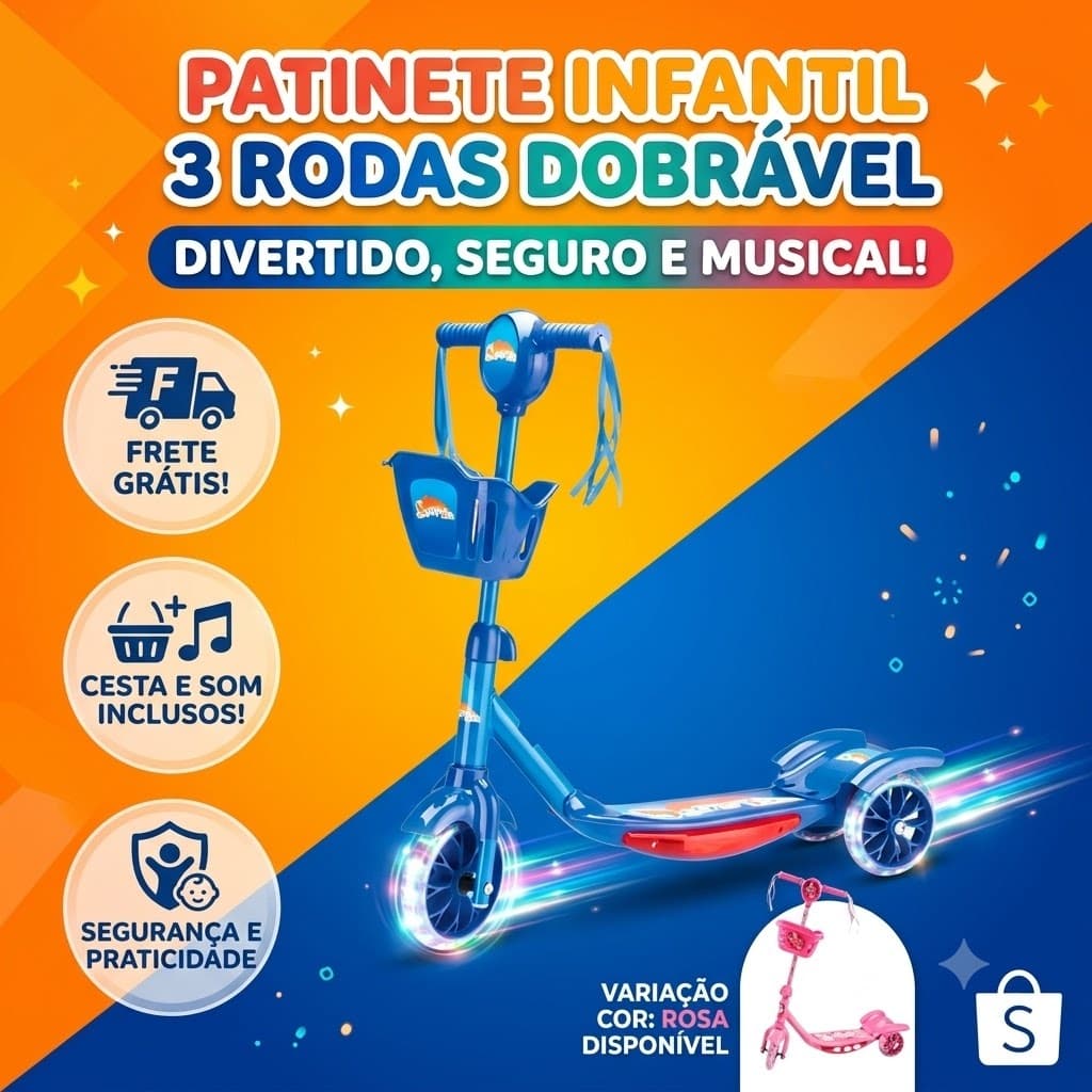 Patinete Infantil 3 Rodas Dobrável Luz Som Segurança Diversão Praticidade Menino Menina