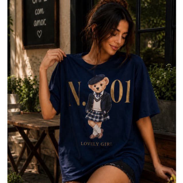 Camiseta Oversized Feminina Ursinho Teddy Bear N.01 Moda Casual Blogueira Tendência 2026