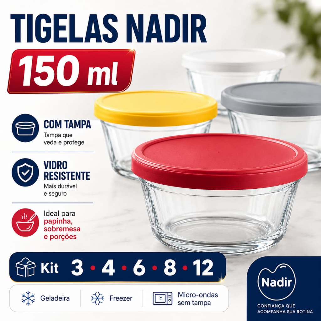 Kit 3/4/6/8/12 Tigelas de Vidro Nadir 150ml com Tampa Pote Bowl Papinha Sobremesa Geladeira Freezer