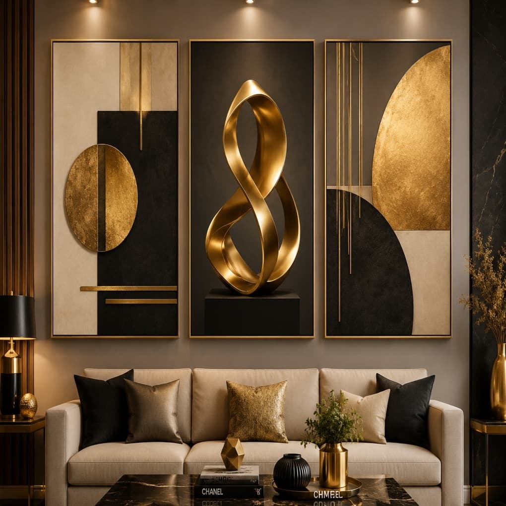 Quadros Decorativos Trio Abstrato Geométrico Moderno Escultura Dourada Luxo Sala