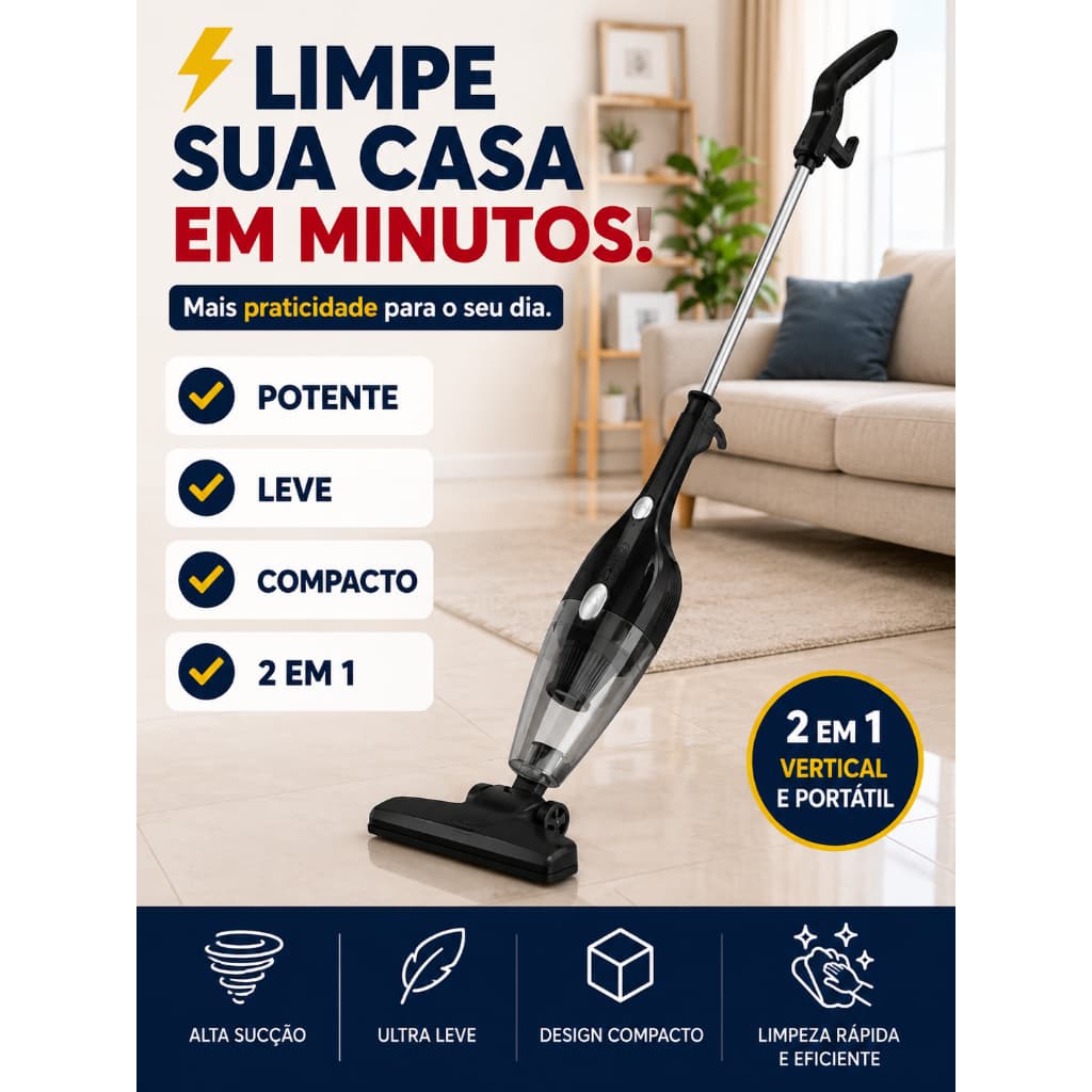 Aspirador de Pó Elétrico 2 em 1 Vertical e Portátil 110V com Fio Potente Leve para Casa e Carro