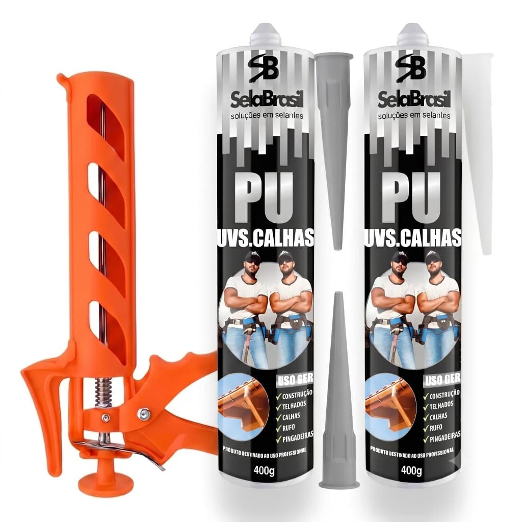Cola PU 40 Sela Brasil Calhas E Rufos + Aplicador De Silicone  Profissional Kit Vedação 400g