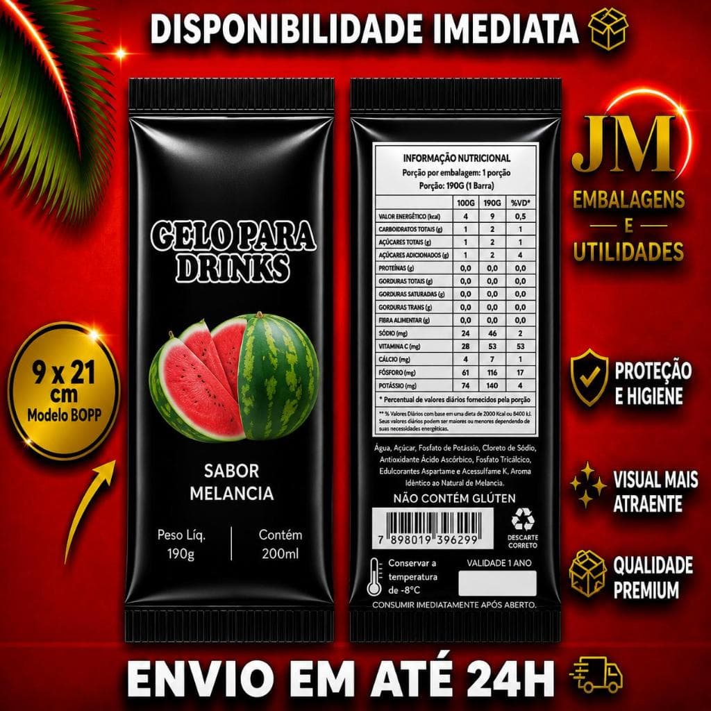 Embalagem para Gelo Saborizado (Sabor Melancia) - 250 Embalagens Bopp  9 x 21 Saco Higienico Externo