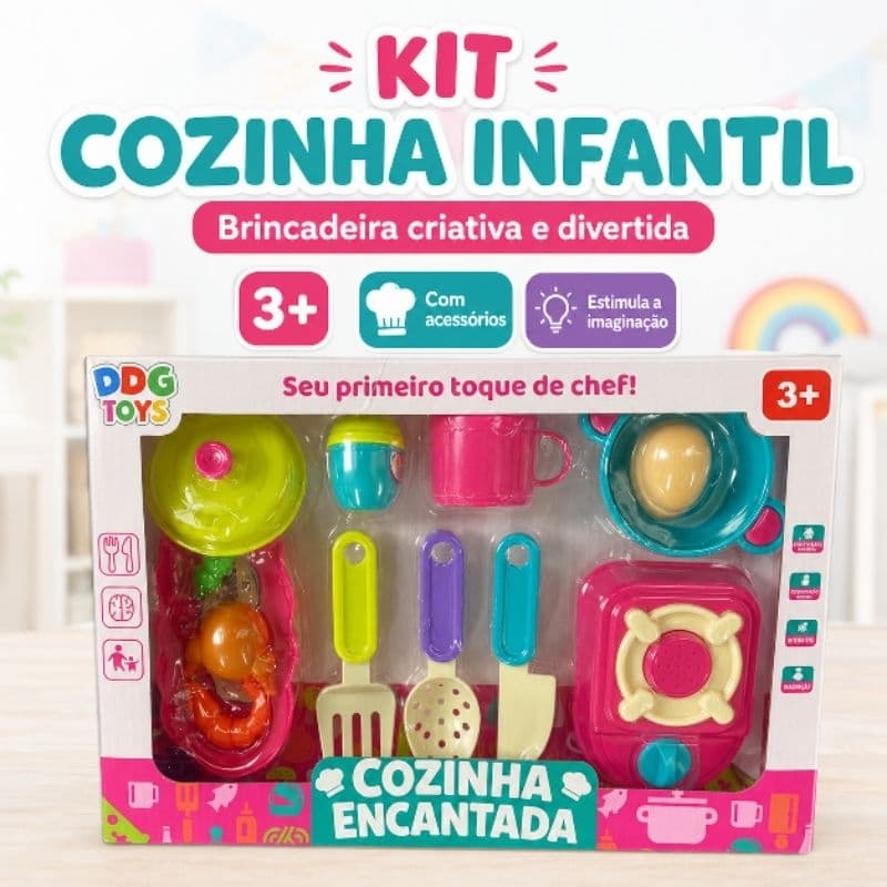 Kit Cozinha Infantil Cozinha Encantada 3+ Fogão Panelinha Utensílios Brinquedo Educativo