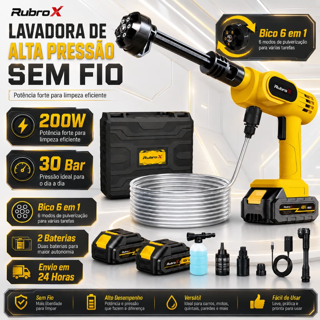 Rubrox Lavadora de Alta Pressão Portátil Recarregável Para Carros E Jardins Linha Premium Pistola