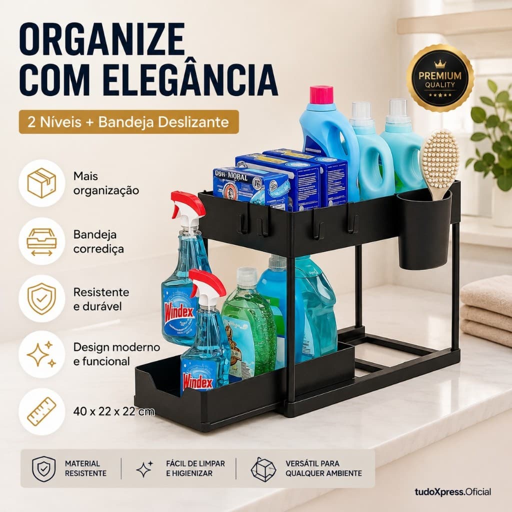 🔥 Organizador Sob Pia 2 Níveis Deslizante Multiuso Cozinha Banheiro Lavanderia Premium