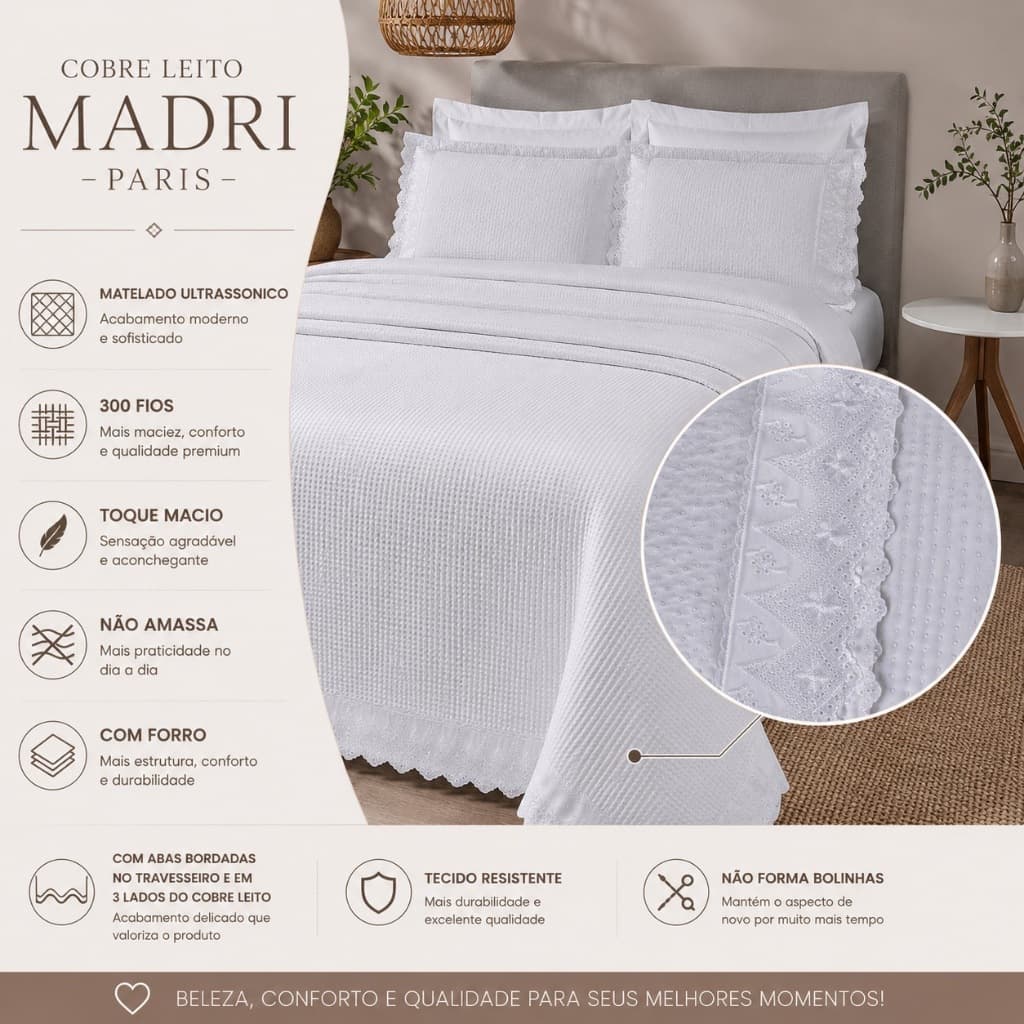Cobre Leito 3 Peças QUEEN Mais Vendidos Percal 200 Fios Decor/Vivere/Madri Bordado