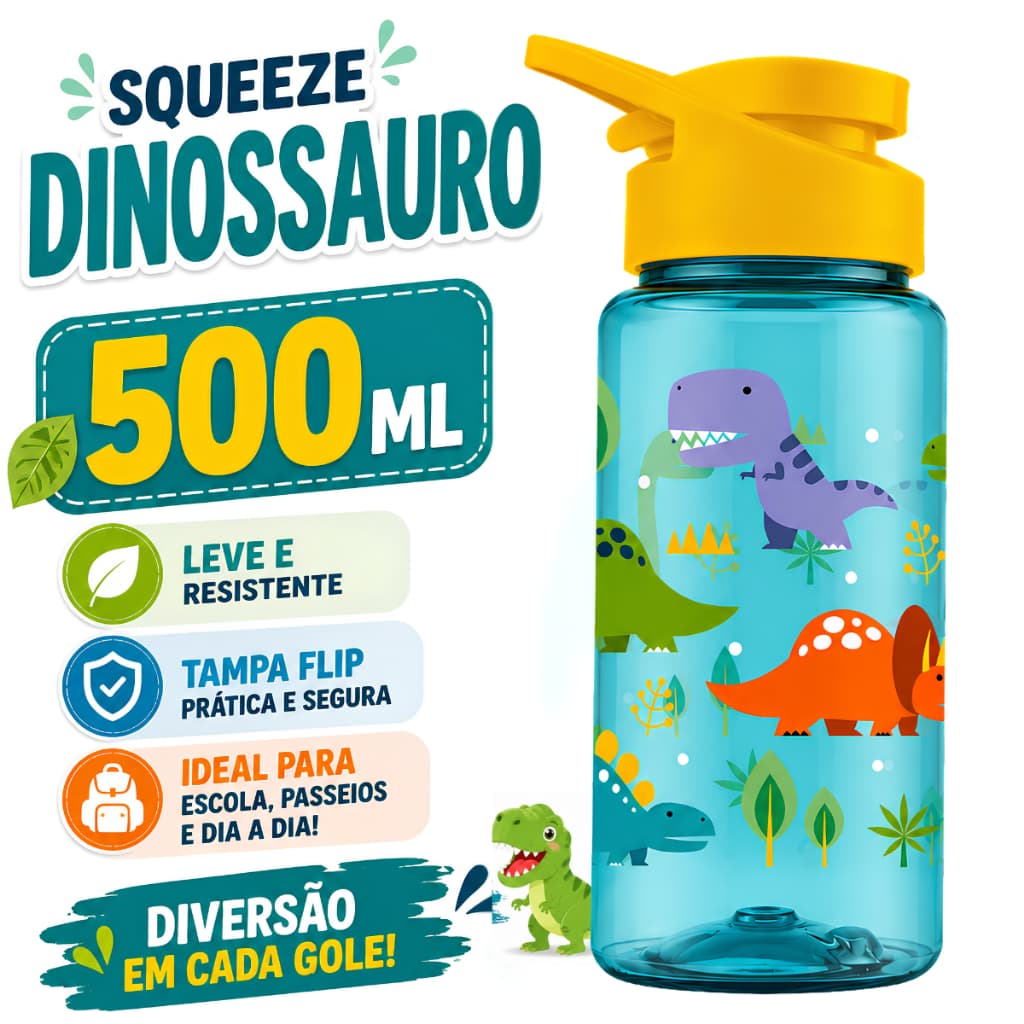 Garrafa Térmica De água Plástico Livre de BPA Dinossauro 500Ml Escola Escolinha