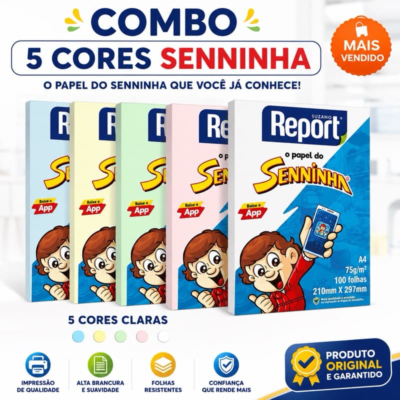 Combo Papel Sulfite Colorido Senninha | 5 Pacotes de 100 Folhas | Oferta Volta às aulas.