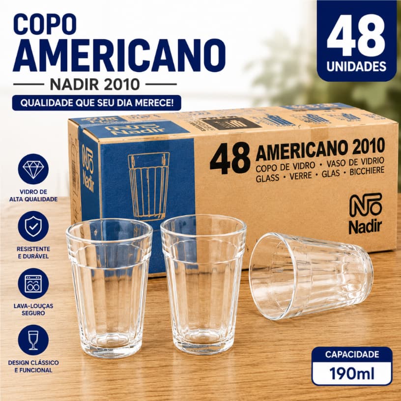 Jogo c/ 48 Copos Americano 190ml Nadir Original Vidro Resistente Bar Restaurante