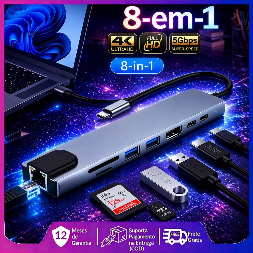 Hub USB-C 8 em 1 USB 2.0/3.0 HDMI 4K RJ45 Rede SD TF Docking Station Extensão Alta Velocidade