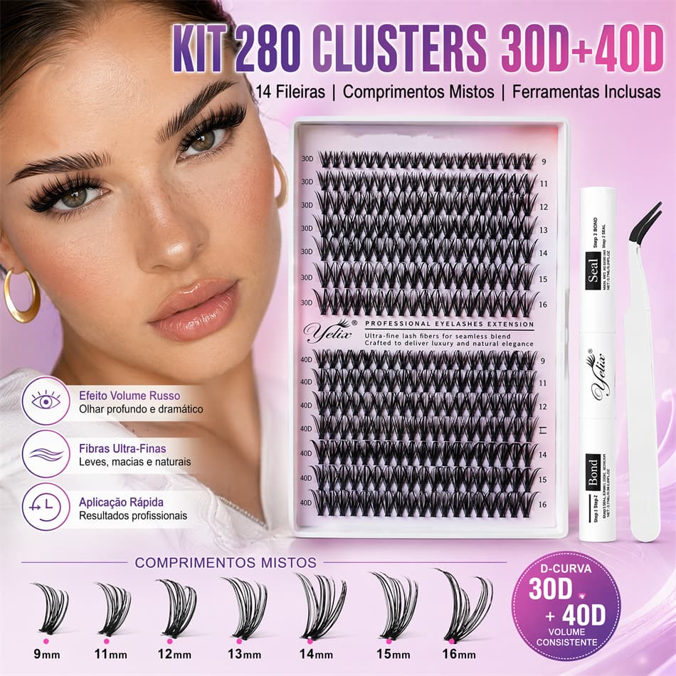 Kit Cílios Cluster Volume Russo 280 Unidades 30D+40D D-Curva Cola e Pinça Inclusos