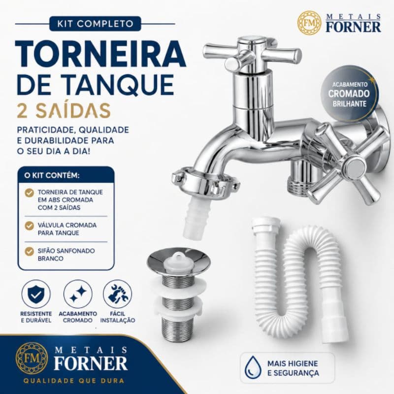 Kit Torneira De  Tanque e Máquina c/bico 1028 C31 + Válvula e Sifão Sanfonado – Cromado em ABS