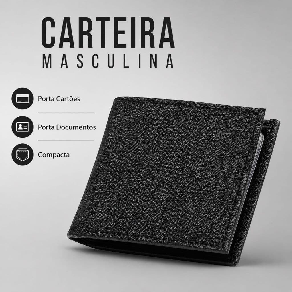 Carteira Masculina Porta Cartões Porta Documentos CNH RG Compacta Preta Elegante