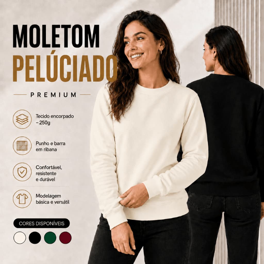 Moletom Feminino Peluciado Gola Redonda Básico Liso Inverno
